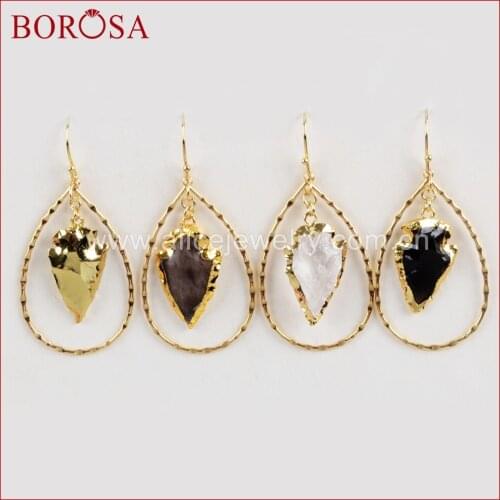 BOROSA 5Pairs Gold Color Natural Multi Kind Stones Arrow Teardrop Earrings Jaspers White Crystal Charm Earrings for Women G1580