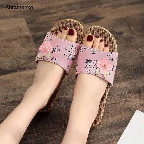 Women Flax Slippers Summer Indoor Shoes Home Woman Chinese Style Flowers Linen Slides Female Sandals Flip Flops Plus Size 35-40