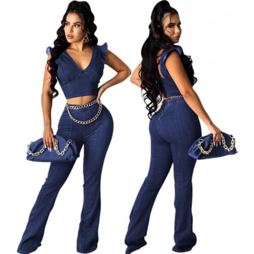 Two Piece Suit Womens High Elastic Imitation Denim V-Neck Petal-Sleeved Flared Trousers Suit Summer New Sexy Elegant 2021 Blue