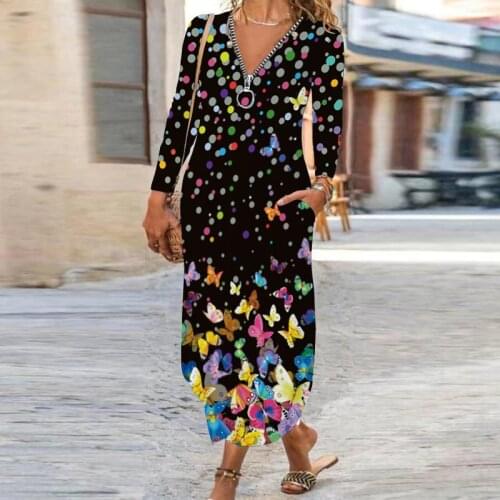 Elegant Floral Print Women Maxi Dresses 2021 Autumn V Neck Zipper Long Sleeve Packet Party Dress Ladies Sexy Slim Dress Vestidos