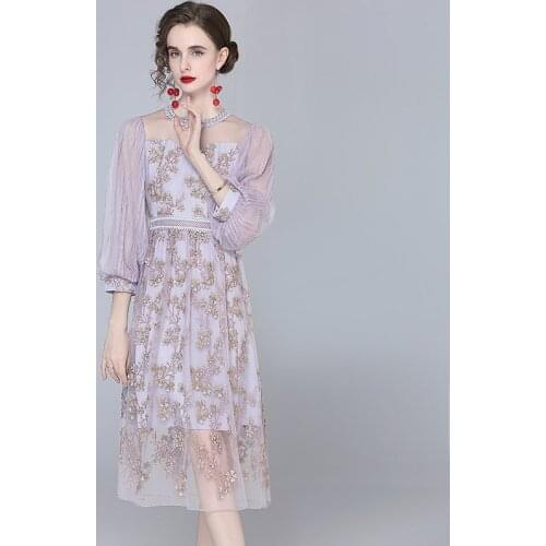Vestidos De Festa Mesh Embroidery Dress Lantern Sleeve Summer New Vintage Dresses Semi-Sheer Elegant Evening Party Dress Lady