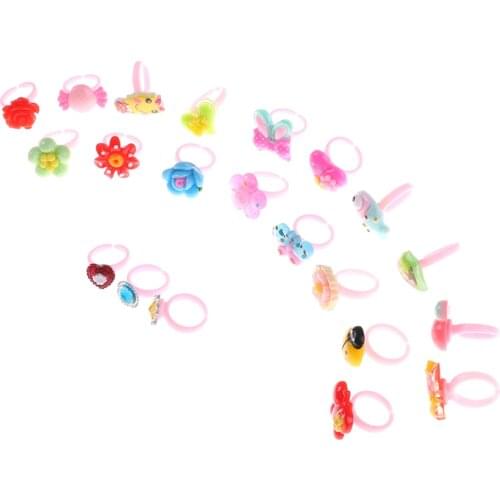 10pcs Plastic Kids Rings Cute Childrens Day Jewelry for Girls with Mixed Style Resin Cabochons Mixed Color