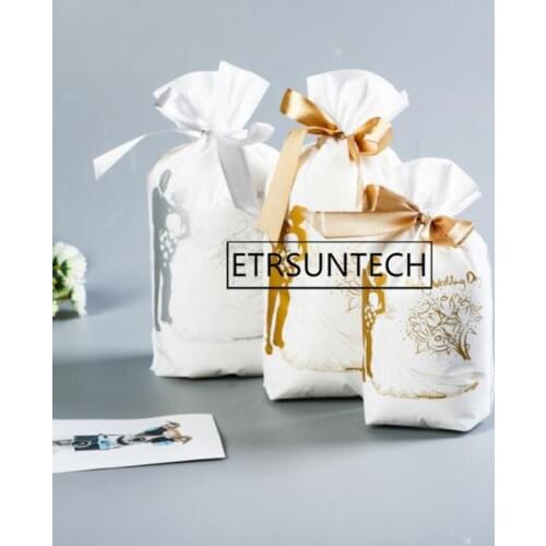 1000pcs Sweetheart Wedding Dress Silk Drawstring Bags Gold & Silver Wedding Candy Gift Wrapper Pouches