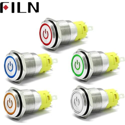 16mm 6V 12V 110V 220V LED momentary latching Brass Nickel Plate antivandal waterproof metal Push Button Switch with Power symbol