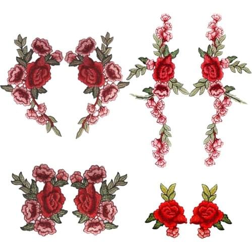 2pcs/pair RED Flower Embroidery Patches for Clothes Parches Applique Embroidery Flower Patches Sewing Sew on Patch