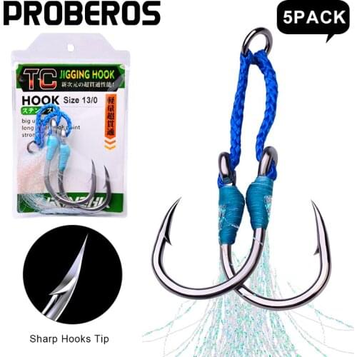 PROBEROS 5 Pack Jig Fishing Hooks 1/0-3/0-5/0-7/0-9/0-11/0-13/0# Slow Assist Hooks Double Twin Hooks Slow Feather Fishhooks