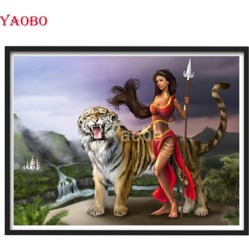 Full Square/Round Drill 5D DIY Diamond Painting Beauty Warrior and Tiger Embroidery Cross Stitch Needlework Art 3D Home Decor