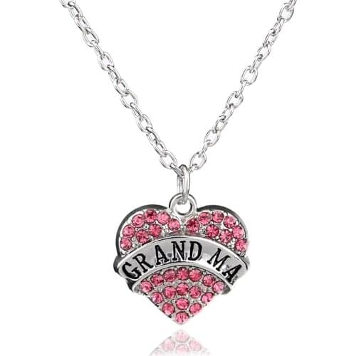 Bespmosp 24PCS/Lot Wholesale Grandma Grandmother NANA Pink Crystal Pendant Necklace Heart Charms Gift Family Women Jewelry Love