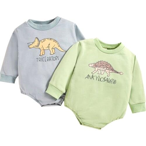 Newborn Infant Baby Girls Boys Fall Bodysuit, Cute Long Sleeve Round Neck Dinosaur Print Jumpsuits