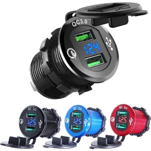 Quick Charge 3.0 Dual USB Car Charger Socket Waterproof 12V/24V QC3.0 USB Fast Charger Socket Power Outlet with Digital Display