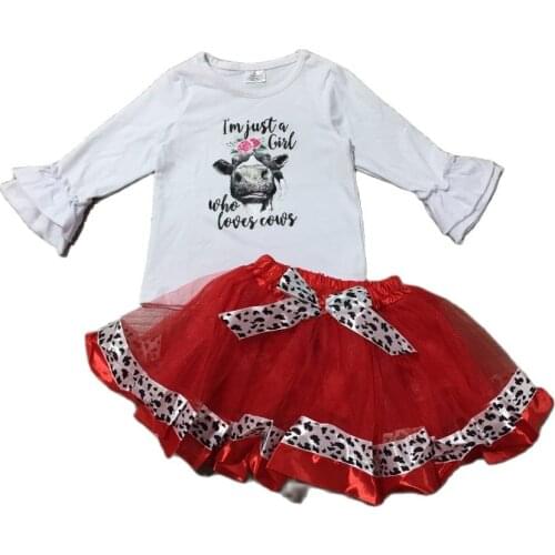Girlymax Fall/winter Baby Girls Children Clothes Cotton Long Sleeve Top Just A Girl who loves Cow Tutu Skirt Dress Kids Clothing