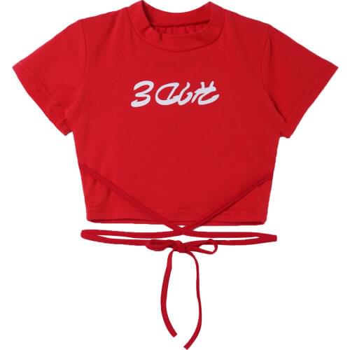 Kids Girls Fashion Round Neck Short Sleeves Letters Print Sash Self Tie Crop T-shirt Dance Tops for Hiphop Jazz Modern Dance Top