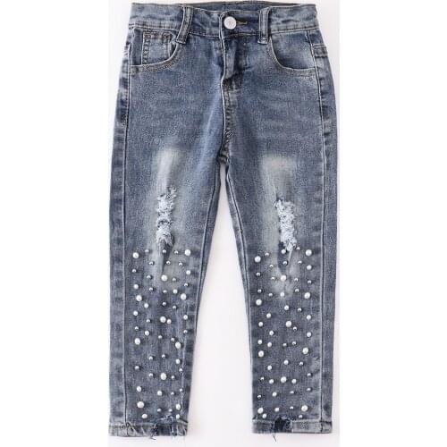 Girlymax Baby Girls Kidswear Outfits Children Cotton Clothes Tight Pearl Jeans Pants Elastic All-match