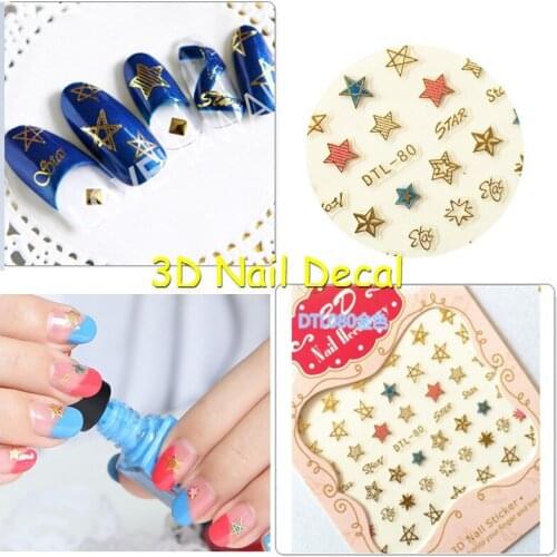 FOREVERJASMINE 24pcs 3D Golden Silvery Hollow Star Nail Art Sticker Blue Pink Nails French Nail Decoration Manicure Decals No.80