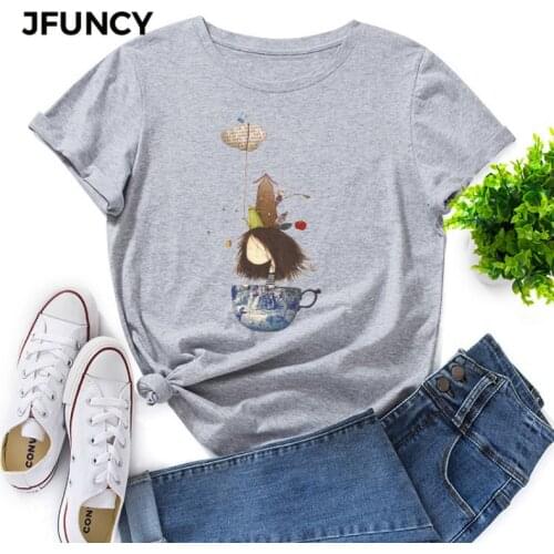 JFUNCY Womens Tee Shirt Plus Size Short Sleeve Cotton T-shirt New Cartoon Print Woman Tshirt Summer Women Tops Female Clothes