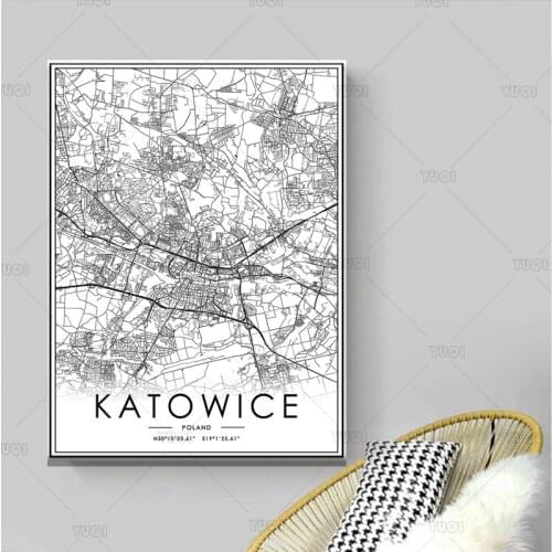 Map print poster canvas poster canvasWorld Map KATOWICE Black White MapPoster Picture Art