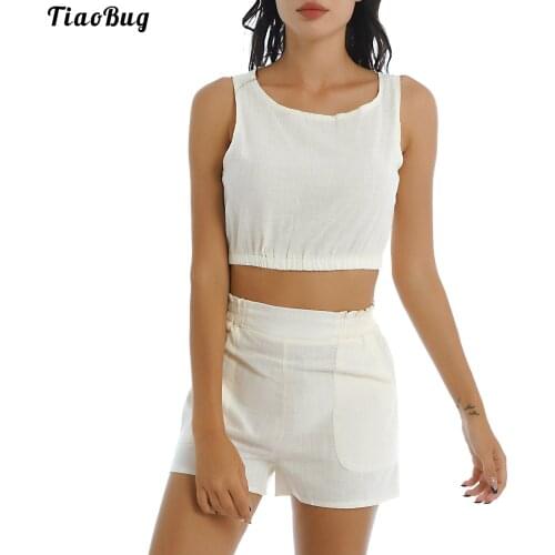 TiaoBug Summer 2Pcs Women Casual Suit Round Neck Sleeveless Keyhole Back Cropped Vest Top High Waist Shorts Set For Gym Running