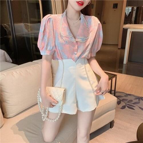 Korean Chiffon Shirt+high Waist Suit Wide Leg Shorts Chic Two-piece Set Suit Ensemble Femme Deux Pieces Year-old Female Costume