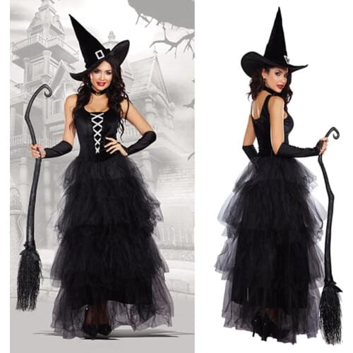 Halloween Witch Costumes for Women Adult Fantasy Black Witch Dress UP Party Dress Carnival Performance Dress
