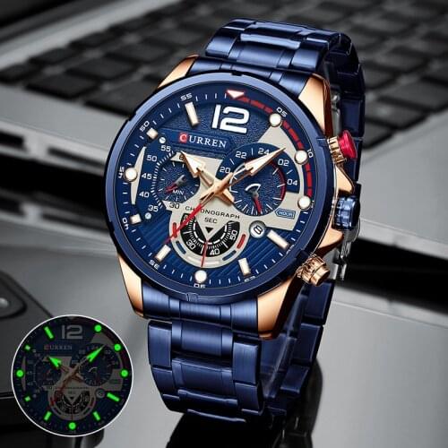 CURREN Men Chronograph Top Luxury Brand Fashion Casual Quartz Watch Complete Calendar Stainless Steel Wristband Waterproof Clock