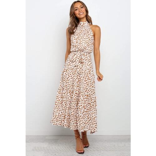 Summer Elegant Print Flowers Polka-dot Strap Women Dress Ladies Sexy Long Dress Belt 2020 Fashion Halter Boho Dress vestidos