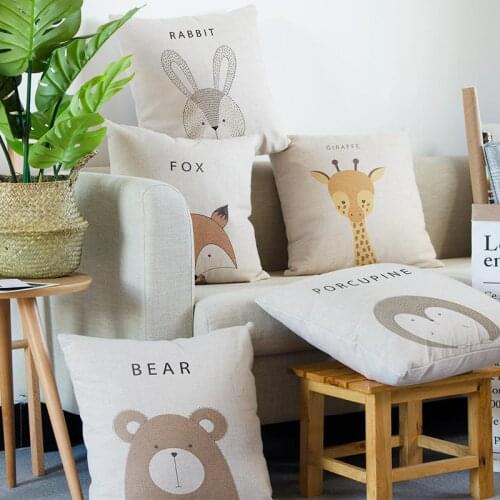 Cute Cartoon Pillow Case Adorable Pet Animal Rabbit Giraffe Lion Porcupine Bear Fox Cushion Cover For Children Room Decoration