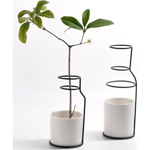 Pack of 2pcs Minimalist Ceramic Flower Vase with Iron Shelf Golden Black Metal Stand Home Decorative White Vase Without Hole