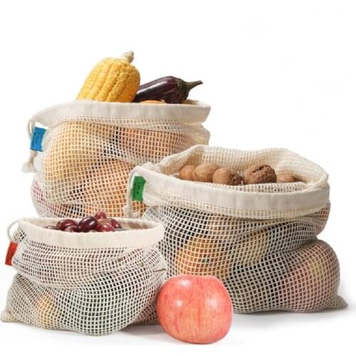 Organic Cotton Mesh Bag Reusable Mesh Produce Bags Ecofriendly Vegetable Fruit Shopping Bag with Drawstring Kitchen Storage Bag