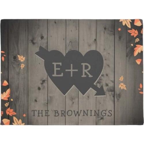Autumn Leaves Rustic Wood Romantic Hearts Initials Doormat Home Decoration Entry Non-slip Door Mat Rubber Washable Floor Home Ru