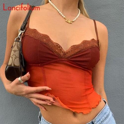 Sexy Y2k Egirl Mesh Crop Tank Top Women Summer 2021 V Neck Sheer See Through E Girl Harajuku Bustier Lace Brown Cami Camisole