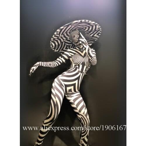 Halloween Zebra Style Dance Bodysuit Big Hat Models TV Show Stage Performance Ballroom Costume Nightclub Bar Party Jumpsuit