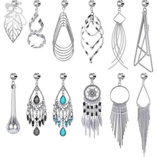 ZS 1 Piece Bohemian Tassel Dangle Tunnel And Plug 5-10MM Stainless Steel Ear Gauges Stretched Pendant Flesh Tunnels Body Jewelry