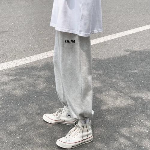 Spring Summer Korean Style Trendy Pants Mens Ninth Pants Loose Straight Casual Pants Ankle-Tied Sports Pants Male Student