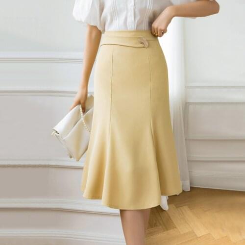 New Women High Waist Midi Skirts Elegant Ruffles Black Yellow Office OL Lady Skirt Fashion Package Hip Mermaid Skirts Womens