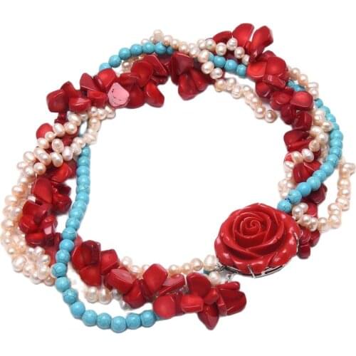 GuaiGuai Jewelry 4 Strands Natural Pink Pearl Red Coral Blue Turquoise Necklace 19'' Handmade For Women