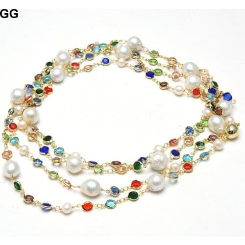 GuaiGuai Jewelry Natural White Keshi Pearl Cubic Zirconia Micro CZ Pave Gold Color Plated Crystal Chain Long Necklace For Women