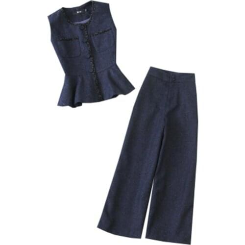 Fashion spring New Navy blue lotus leaf small scented wind vest + high waist wide leg 9-point pants faux woolen suit women