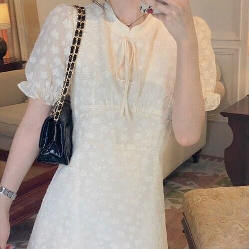 Bella 2021 new Summer Vintage Beige Dress Women Sweet Elegant Korean Classy Dress Young Girls High Waist Slimming Party Dress