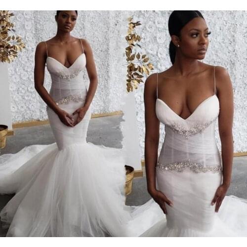 Mermaid Wedding Dresses Black Girls African Spaghetti Straps Bodice Bridal Gowns Crystals Beaded Court Train Vestidos De Novia