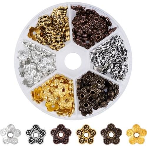 180pcs/box 10mm Mixed Color 5-Petal Flower Tibetan Style Alloy Bead Caps for Jewelry Making Accessories Finding 10x2mm Hole: 2mm