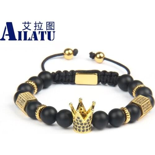Ailatu Luxury Gold King Crown Charm Bracelet Men Stone Bead Braiding Pulseira Masculina Jewelry Stainless Steel Logo Rope Chain