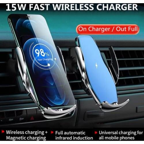15W Car Wireless Charger for iPhone Magnetic USB Infrared Sensor Automatic Clamping Qi Wireless Car Charger Phone Holder Mount