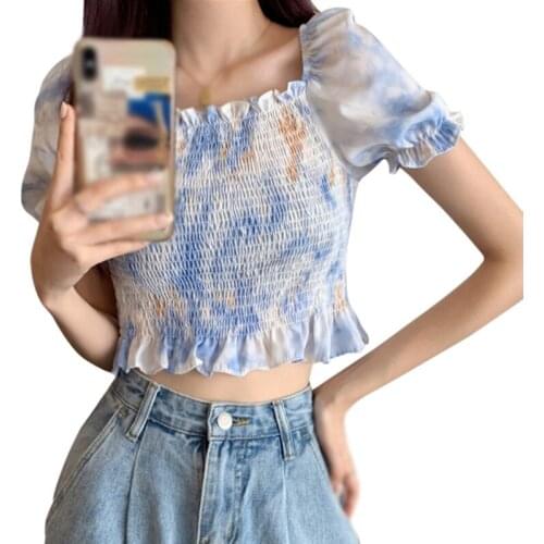 Women Blouses Summer Blusas Elegantes Short Sleeve Top French Style Puff Sleeve Blouses Korean Clothing Square Neck Tops