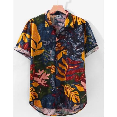 Men Hawaiian Shirt Pocket Short Sleeve Round Hem Loose Shirts Streetwear Summ Floral Print Linen Holiday Beach Blouse Tops
