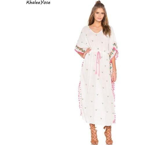 KHALEE YOSE Floral Embroidery Maxi Dress Tunic Summer Boho Women Dresses Loose Oversized Ladies Holiday White Female Chic Dress