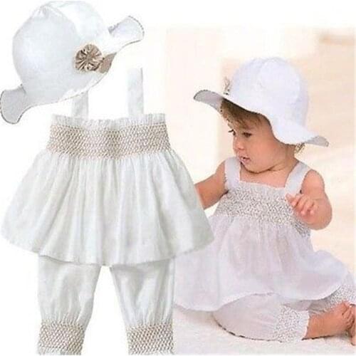3Pcs Set Summer Newborn Infant Baby Girls Kids Clothes White RufflesTops Pants Hat Set Outfit Age For Baby Girls
