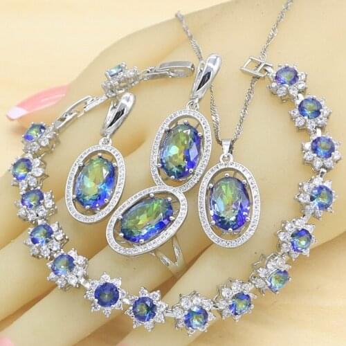 Blue Rainbow Semi-precious 925 Silver Jewelry Sets for Women Earrings Bracelet Rings Necklace Pendant Gift Box