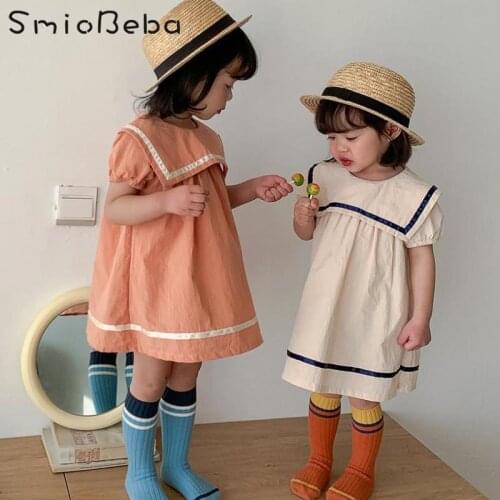Summer Childrens Cotton Soft Dress Clothing Academy Navy Girls Dresses Lapel Foreign Style Toddler 1-6 Year Skirt Orange Kids