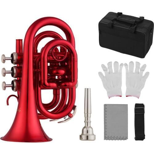 Muslady Mini Pocket Trumpet Bb Flat Brass Material Wind Instrument with Mouthpiece Gloves Cleaning Cloth Carrying Case