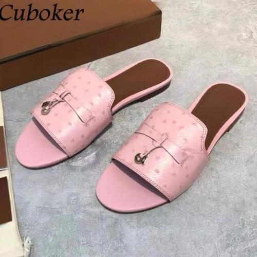 Pink Leather Women Flat Slippers Metal Lock Decor Peep Toe Summer Slides Brand Runway Causal Mules Vacation Beach Shoes Woman